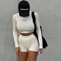 European and American Spring/Summer Round Neck Long Short sleeved 3/4 Shorts Two piece Women's Fashion Sports Versatile Set VORAL - 1