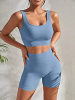 Seamless Ribbed Yoga Sets Workout Sets for Women 2 Pieces Gym Suits Ribbed Crop Tank High Waist Shorts Outfits Fitness Running - 18