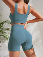 Seamless Ribbed Yoga Sets Workout Sets for Women 2 Pieces Gym Suits Ribbed Crop Tank High Waist Shorts Outfits Fitness Running - 2