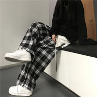 Oversize Women Sweatpants Fashion Black Plaid Casual Pants Baggy Elastic Waist Pockets Student Unisex Hip Hop Loose Trousers - 13