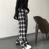Oversize Women Sweatpants Fashion Black Plaid Casual Pants Baggy Elastic Waist Pockets Student Unisex Hip Hop Loose Trousers - 17