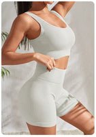 Seamless Ribbed Yoga Sets Workout Sets for Women 2 Pieces Gym Suits Ribbed Crop Tank High Waist Shorts Outfits Fitness Running - 15