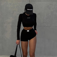 European and American Spring/Summer Round Neck Long Short sleeved 3/4 Shorts Two piece Women's Fashion Sports Versatile Set VORAL - 12