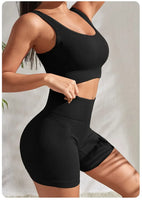 Seamless Ribbed Yoga Sets Workout Sets for Women 2 Pieces Gym Suits Ribbed Crop Tank High Waist Shorts Outfits Fitness Running - 16