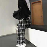 Oversize Women Sweatpants Fashion Black Plaid Casual Pants Baggy Elastic Waist Pockets Student Unisex Hip Hop Loose Trousers - 15