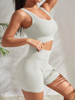 Seamless Ribbed Yoga Sets Workout Sets for Women 2 Pieces Gym Suits Ribbed Crop Tank High Waist Shorts Outfits Fitness Running - 22