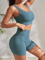 Seamless Ribbed Yoga Sets Workout Sets for Women 2 Pieces Gym Suits Ribbed Crop Tank High Waist Shorts Outfits Fitness Running - 22