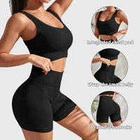 Seamless Ribbed Yoga Sets Workout Sets for Women 2 Pieces Gym Suits Ribbed Crop Tank High Waist Shorts Outfits Fitness Running - 6