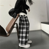 Oversize Women Sweatpants Fashion Black Plaid Casual Pants Baggy Elastic Waist Pockets Student Unisex Hip Hop Loose Trousers - 10