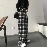 Oversize Women Sweatpants Fashion Black Plaid Casual Pants Baggy Elastic Waist Pockets Student Unisex Hip Hop Loose Trousers - 5