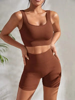 Seamless Ribbed Yoga Sets Workout Sets for Women 2 Pieces Gym Suits Ribbed Crop Tank High Waist Shorts Outfits Fitness Running - 23